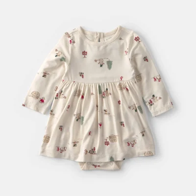 Baby Girl North Pole PurelySoft™ Long-Sleeve Bodysuit Dress - Cream