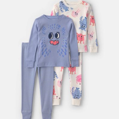Baby Girl 4-Piece Monster 100% Cotton Snug Fit Pajama Set - Blue/Cream