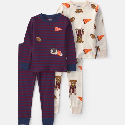 Baby Boy 4-Piece Dog Striped 100% Cotton Snug Fit Pajama Set - Burgundy/Cream