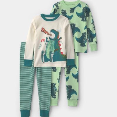 Baby Boy 4-Piece Dino Striped 100% Cotton Snug Fit Pajama Set - Green