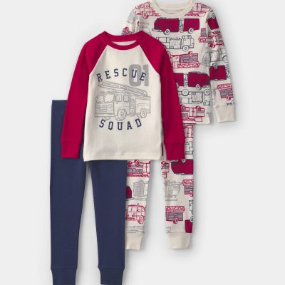 Baby Boy 4-Piece 'Rescue Squad' Firetruck 100% Cotton Snug Fit Pajama Set - Red/Blue