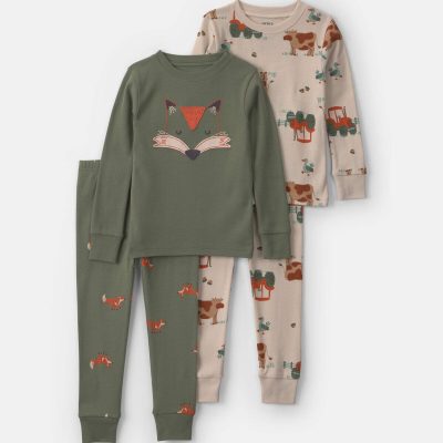 Baby Boy 4-Piece Fox 100% Cotton Snug Fit Pajama Set - Green/Cream