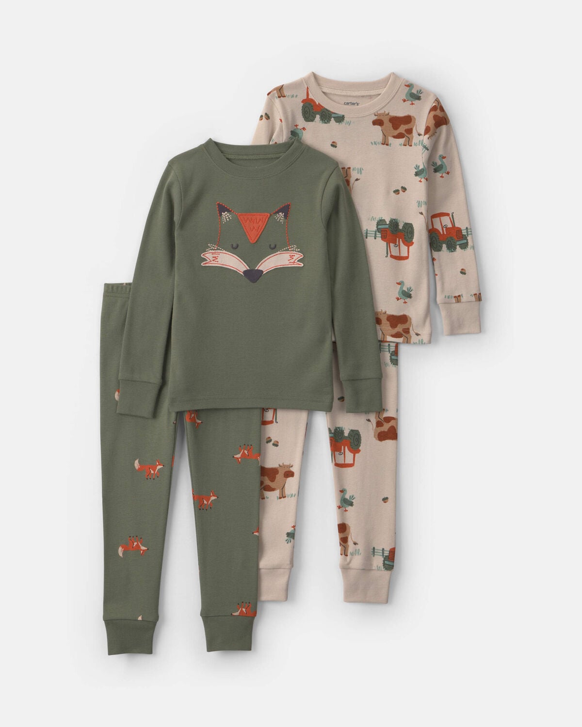 Baby Boy 4-Piece Fox 100% Cotton Snug Fit Pajama Set - Green/Cream