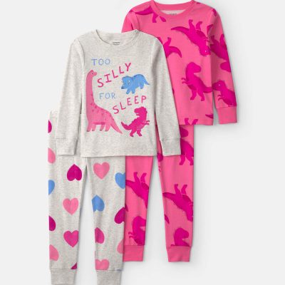 Baby Girl 4-Piece Dino Heart Cotton Snug Fit Pajama Set - Pink