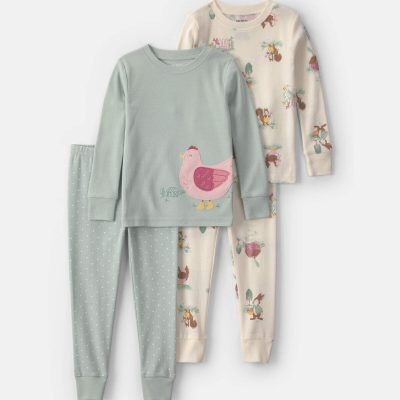 Baby Girl 4-Piece Country Chicken 100% Cotton Snug Fit Pajama Set - Blue/Cream
