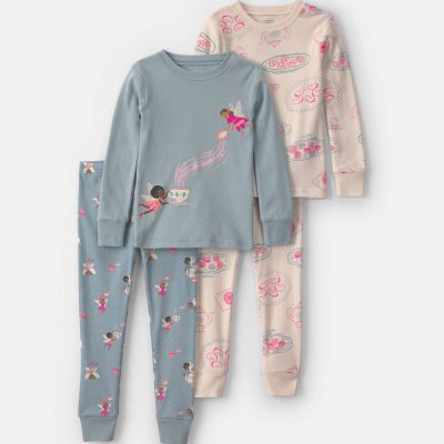Baby Girl 4-Piece Fairy Tea Party 100% Cotton Snug Fit Pajama Set - Blue/Cream