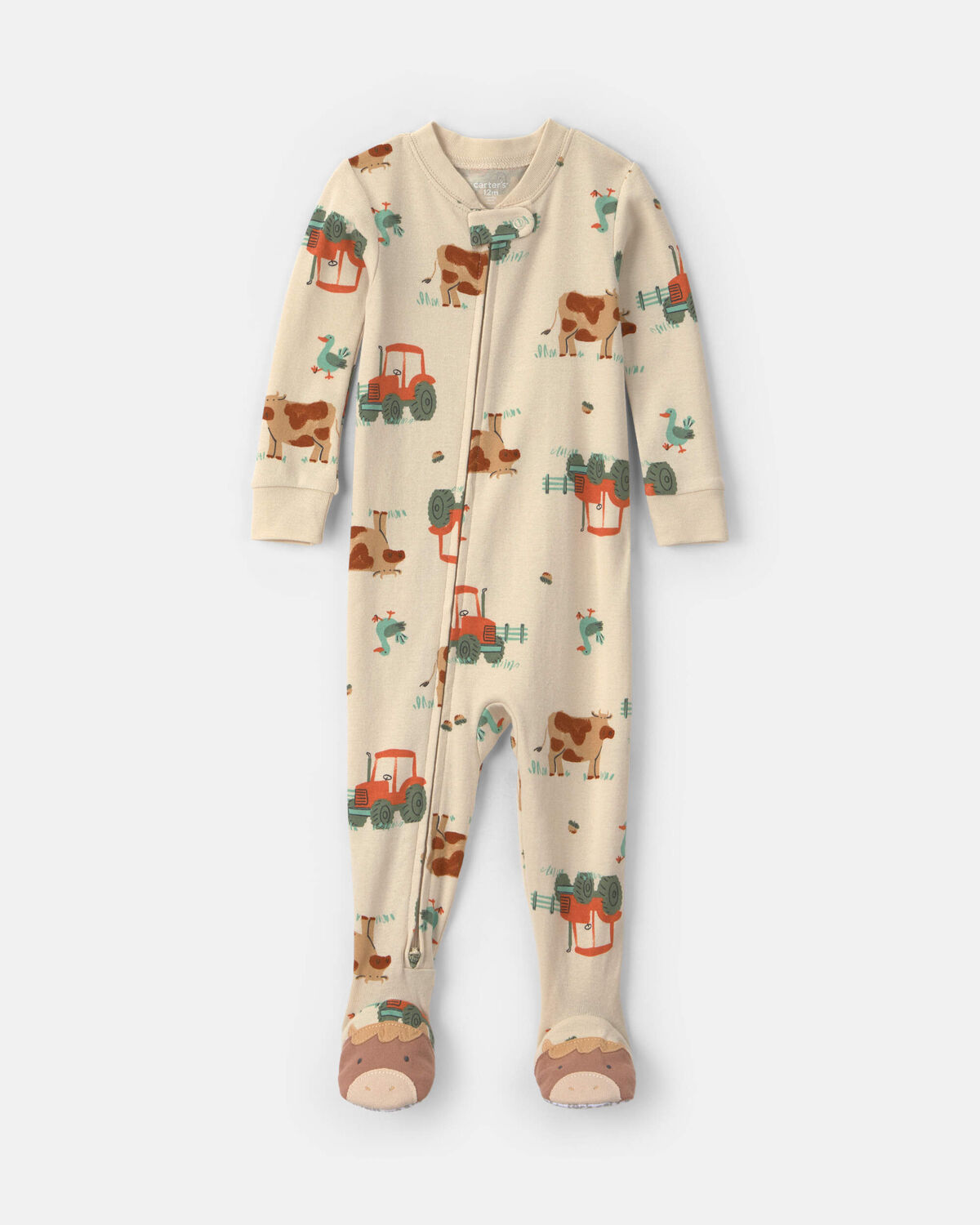 Baby Boy 1-Piece Farm 2-Way Zip 100% Cotton Snug Fit Footed Pajama - Cream