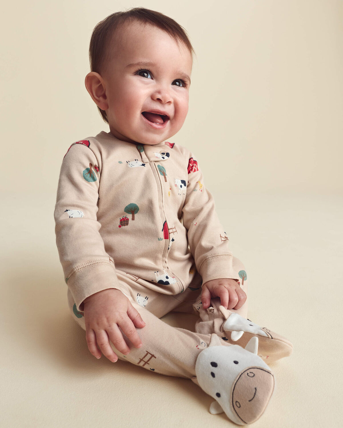 Baby Boy 1-Piece Farm 2-Way Zip 100% Cotton Snug Fit Footed Pajama - Cream - Image 2