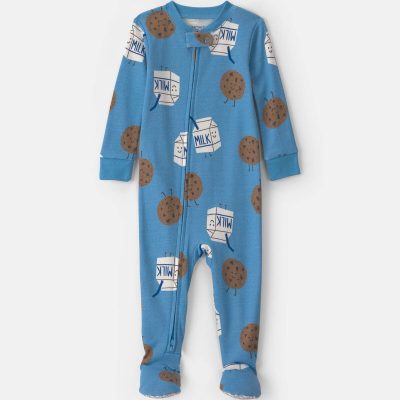 Baby Boy 1-Piece Milk & Cookies 2-Way Zip 100% Cotton Snug Fit Footed Pajama - Blue