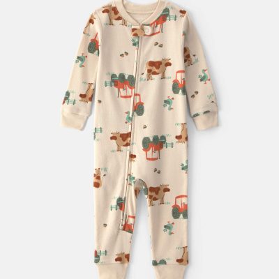 Baby Boy 1-Piece Farm 2-Way Zip 100% Cotton Snug Fit Pajama - Cream