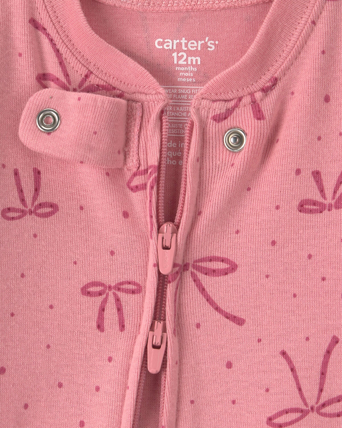 Baby Girl 1-Piece Bows 2-Way Zip 100% Cotton Snug Fit Footed Pajama - Pink - Image 3