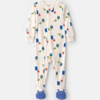 Baby Boy 1-Piece Monster 2-Way Zip DreamPlush Snug Fit Footed Pajama - Cream