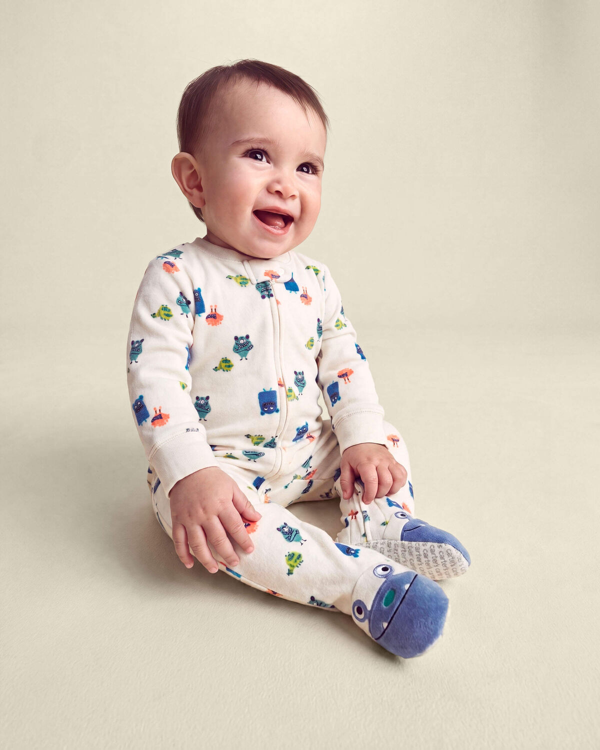 Baby Boy 1-Piece Monster 2-Way Zip DreamPlush Snug Fit Footed Pajama - Cream - Image 6