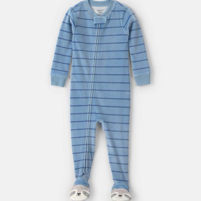 Baby Boy 1-Piece Striped Raccoon 2-Way Zip DreamPlush Snug Fit Footed Pajama - Blue