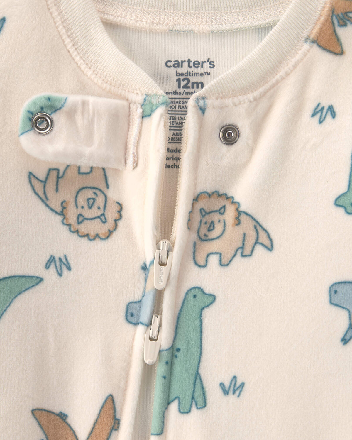 Baby Boy 1-Piece Dino 2-Way Zip DreamPlush Snug Fit Footed Pajama - Cream - Image 3