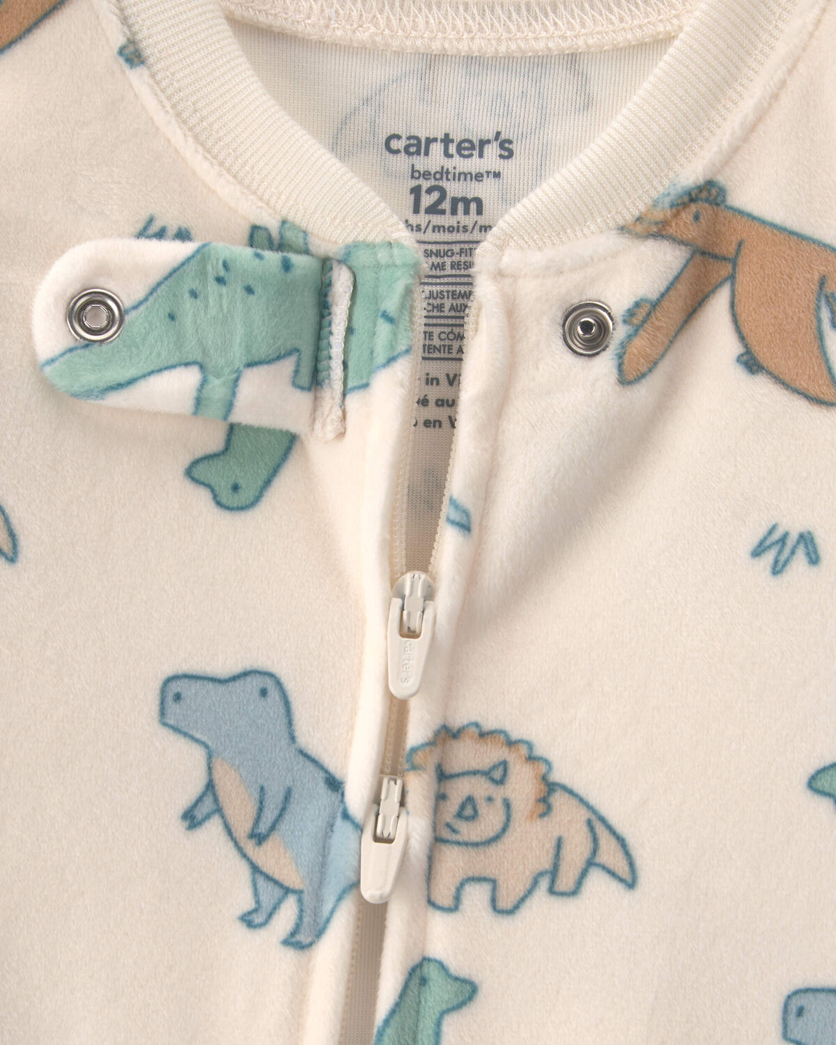 Baby Boy 1-Piece Dino 2-Way Zip DreamPlush Snug Fit Pajama - Cream - Image 3