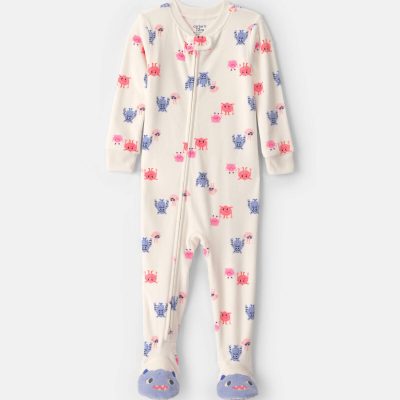 Baby Girl 1-Piece Monster 2-Way Zip DreamPlush Snug Fit Footed Pajama - Cream