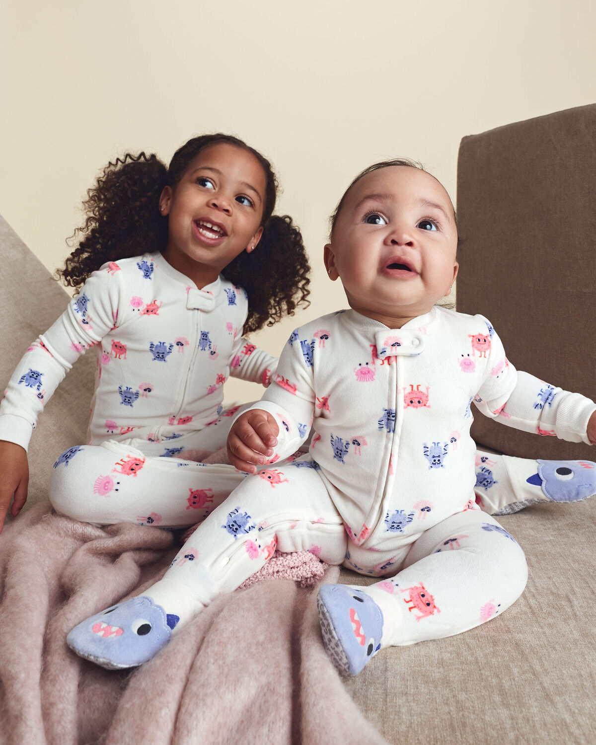 Baby Girl 1-Piece Monster 2-Way Zip DreamPlush Snug Fit Footed Pajama - Cream - Image 2