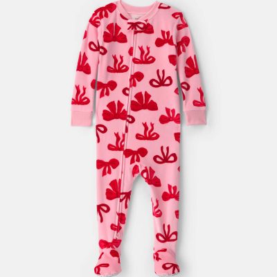 Baby Girl 1-Piece Bows 2-Way Zip DreamPlush Snug Fit Footed Pajama - Pink