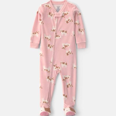 Baby Girl 1-Piece Cow 2-Way Zip DreamPlush Snug Fit Footed Pajama - Pink