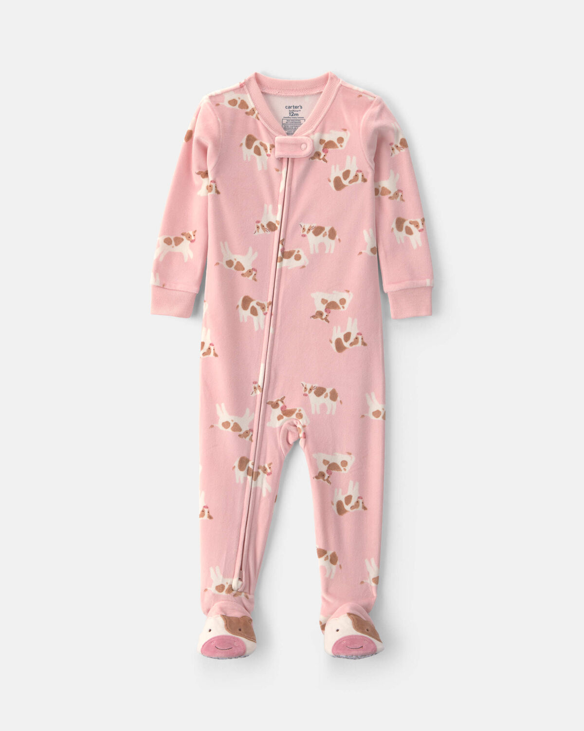Baby Girl 1-Piece Cow 2-Way Zip DreamPlush Snug Fit Footed Pajama - Pink