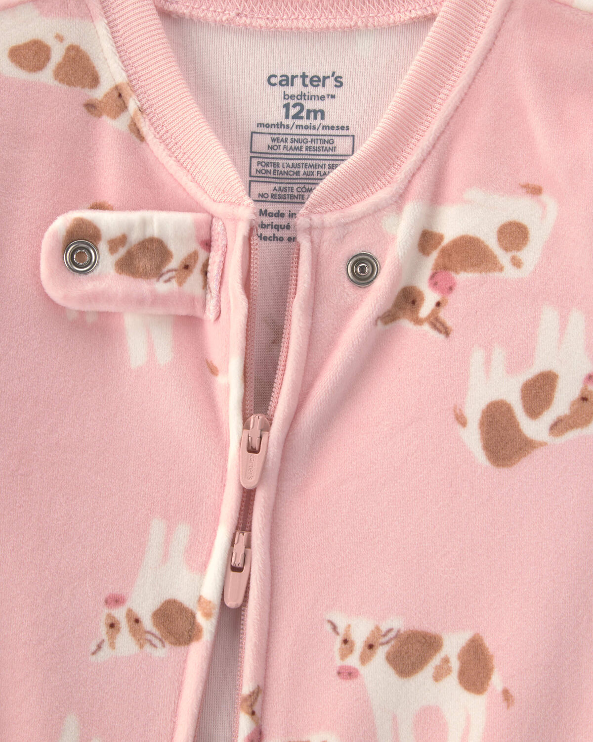 Baby Girl 1-Piece Cow 2-Way Zip DreamPlush Snug Fit Footed Pajama - Pink - Image 3