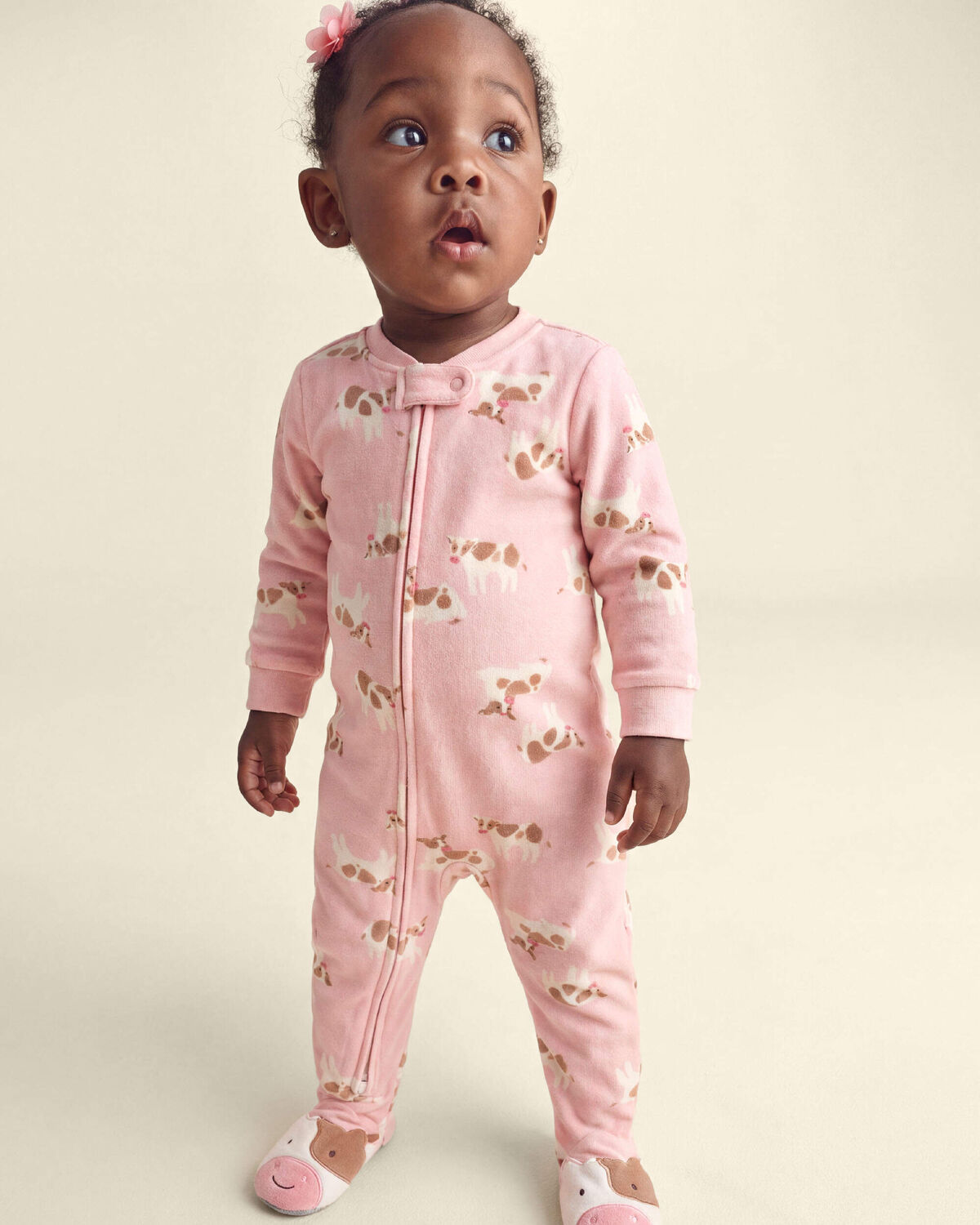 Baby Girl 1-Piece Cow 2-Way Zip DreamPlush Snug Fit Footed Pajama - Pink - Image 6