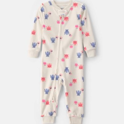 Baby Girl 1-Piece Monster 2-Way Zip DreamPlush Snug Fit Pajama - Cream