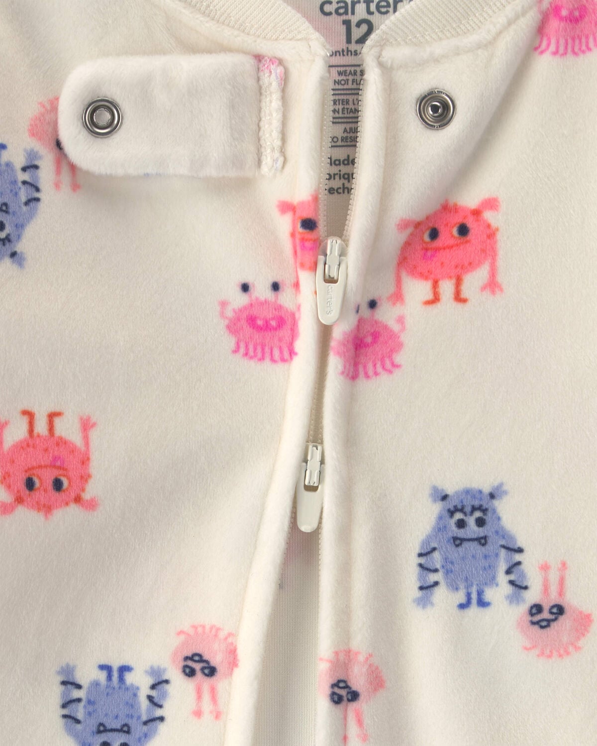 Baby Girl 1-Piece Monster 2-Way Zip DreamPlush Snug Fit Pajama - Cream - Image 4