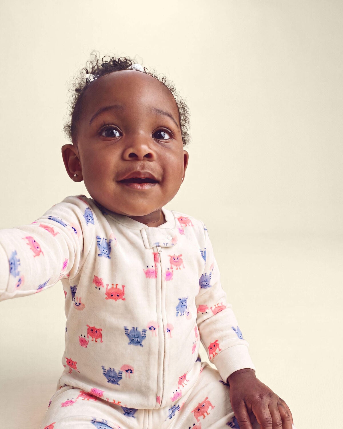 Baby Girl 1-Piece Monster 2-Way Zip DreamPlush Snug Fit Pajama - Cream - Image 5