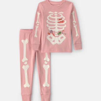 Baby Girl 2-Piece Halloween Glow in the Dark Skeleton 100% Cotton Snug Fit Pajama Set - Pink