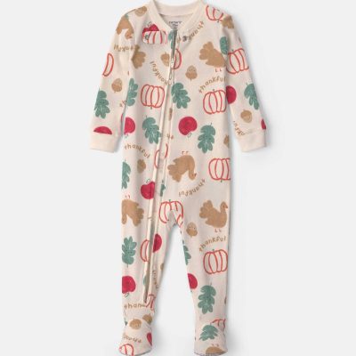 Baby 1-Piece Thanksgiving 2-Way Zip 100% Cotton Snug Fit Footed Pajama - Cream