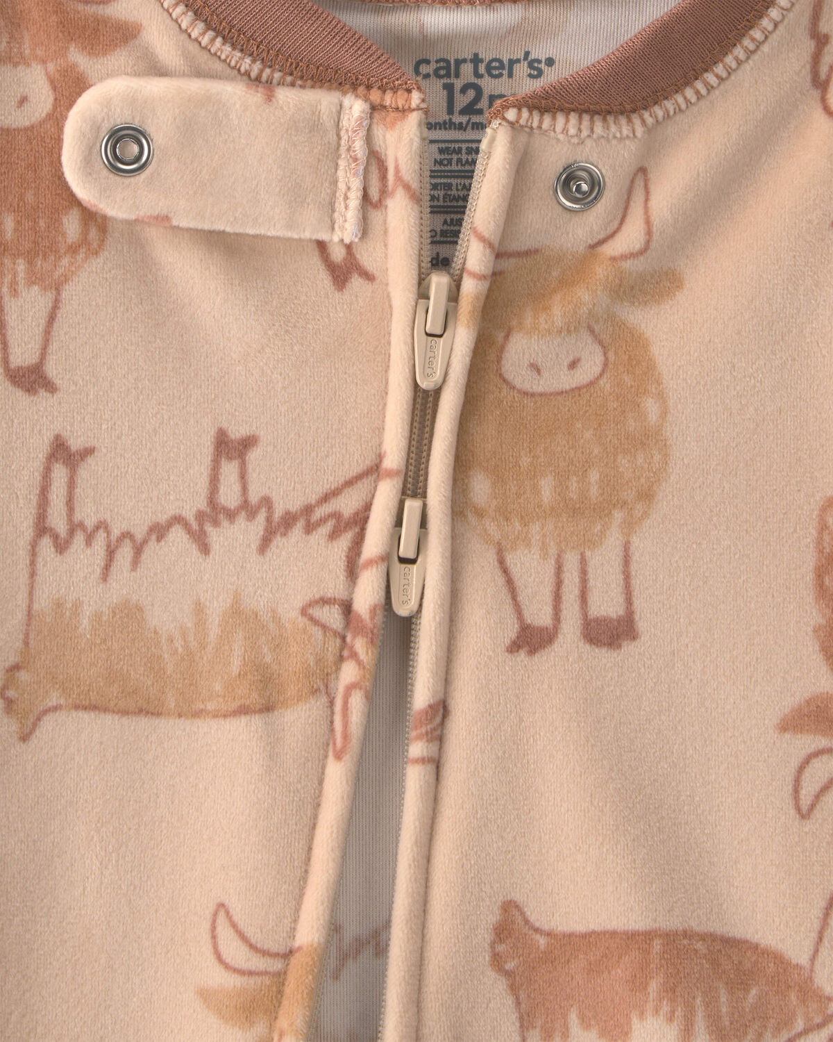 Baby Boy 1-Piece Cow 2-Way Zip DreamPlush Snug Fit Footed Pajama - Brown - Image 3