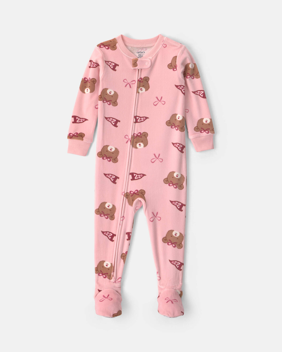 Baby Girl 1-Piece Bears & Bows 2-Way Zip DreamPlush Snug Fit Footed Pajama - Pink