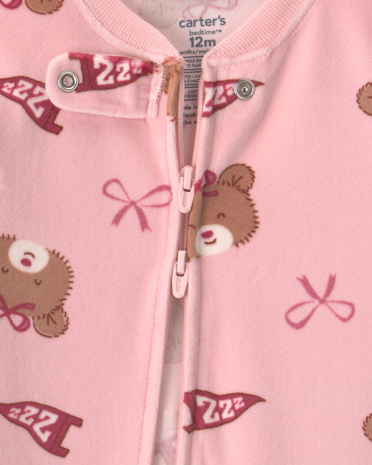 Baby Girl 1-Piece Bears & Bows 2-Way Zip DreamPlush Snug Fit Footed Pajama - Pink - Image 3