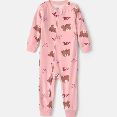 Baby Girl 1-Piece Bears & Bows 2-Way Zip DreamPlush Snug Fit Pajama - Pink