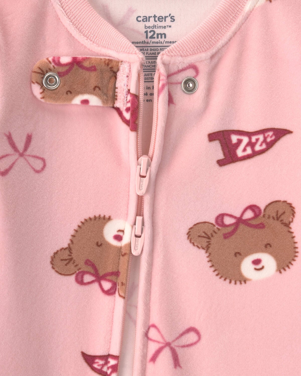 Baby Girl 1-Piece Bears & Bows 2-Way Zip DreamPlush Snug Fit Pajama - Pink - Image 3