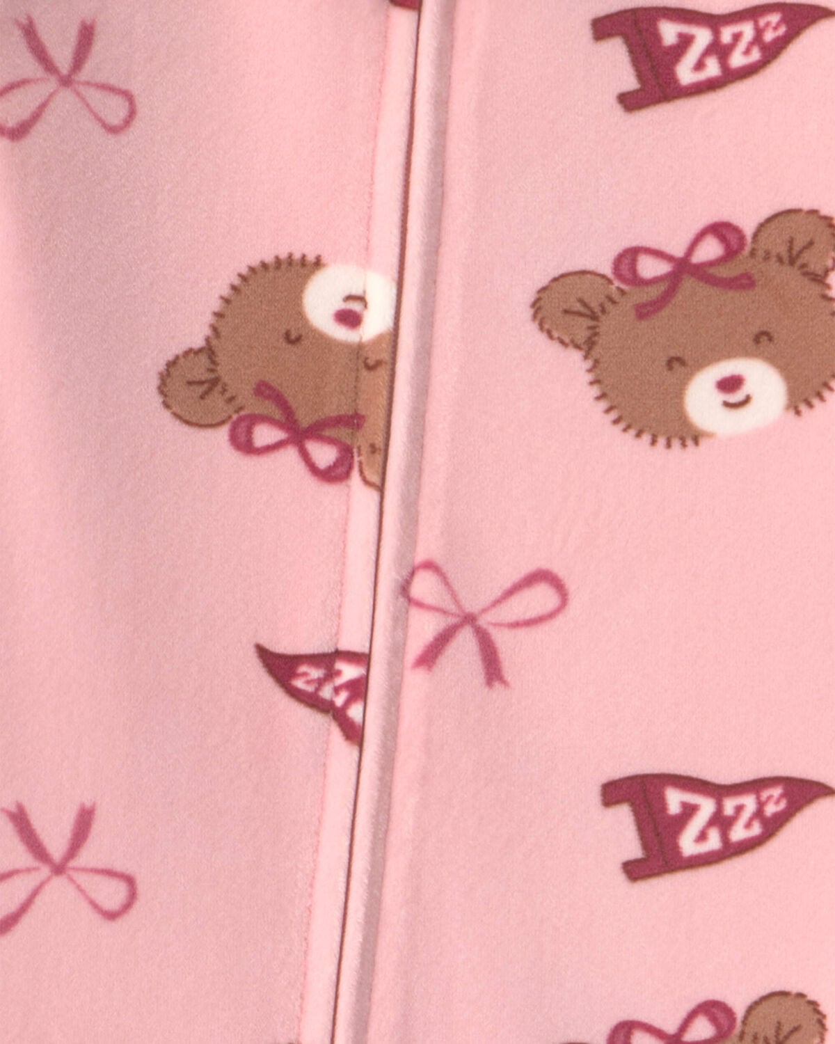 Baby Girl 1-Piece Bears & Bows 2-Way Zip DreamPlush Snug Fit Pajama - Pink - Image 4