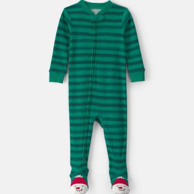 Baby 1-Piece Christmas Snowman 2-Way Zip 100% Cotton Snug Fit Footed Pajama - Green