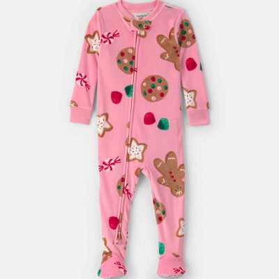 Baby Girl 1-Piece Christmas Gingerbread 2-Way Zip DreamPlush Snug Fit Footed Pajama - Pink