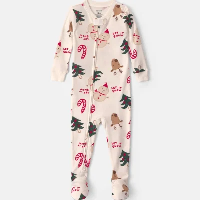 Baby 1-Piece Christmas Icon 2-Way Zip 100% Cotton Snug Fit Footed Pajama - Cream