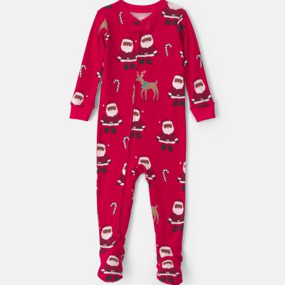 Baby 1-Piece Brown Santa Christmas 2-Way Zip 100% Cotton Snug Fit Footed Pajama - Red