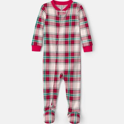 Baby 1-Piece Christmas Plaid 2-Way Zip 100% Cotton Snug Fit Footed Pajama - Red/Green