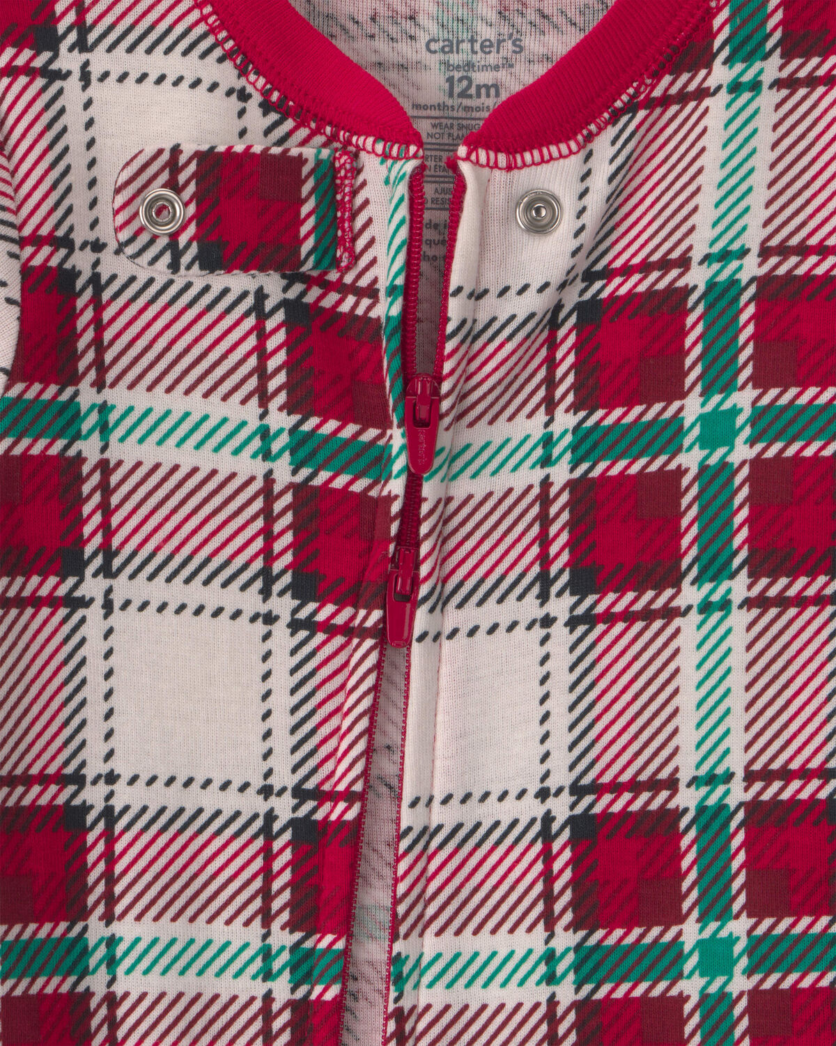 Baby 1-Piece Christmas Plaid 2-Way Zip 100% Cotton Snug Fit Footed Pajama - Red/Green - Image 3