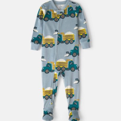 Baby Boy 1-Piece Snow Truck 2-Way Zip DreamPlush Snug Fit Footed Pajama - Blue