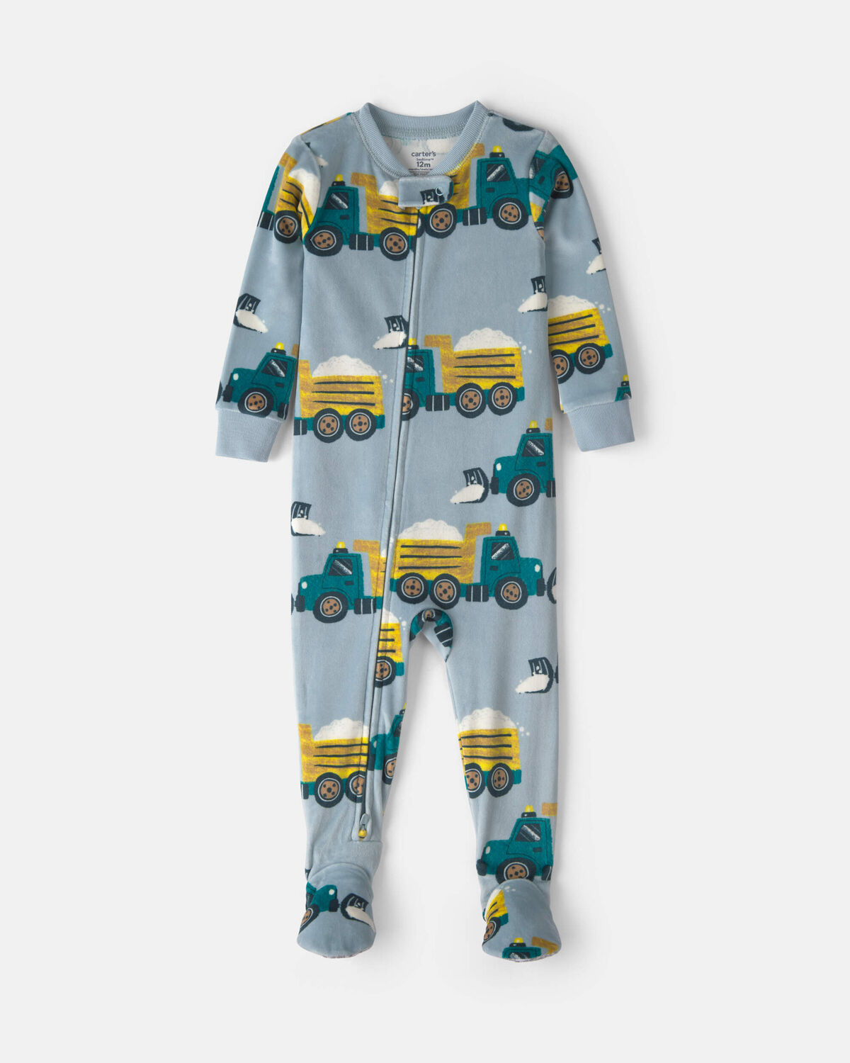 Baby Boy 1-Piece Snow Truck 2-Way Zip DreamPlush Snug Fit Footed Pajama - Blue