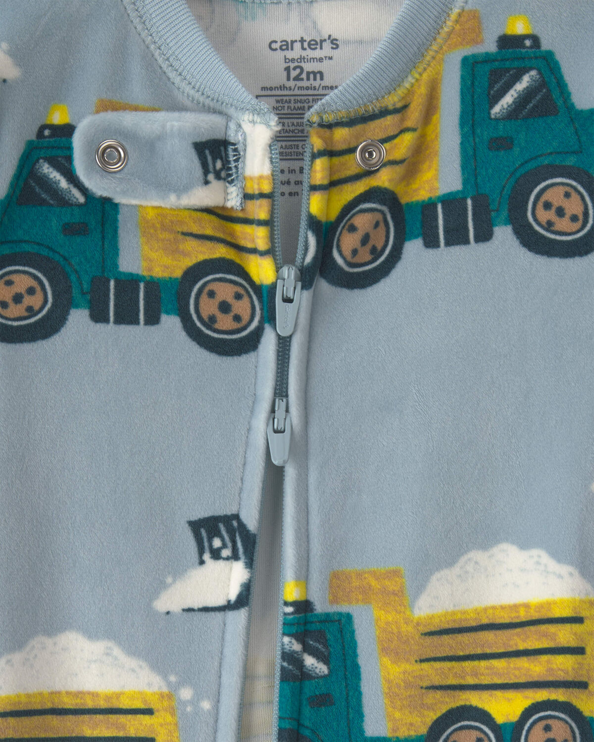 Baby Boy 1-Piece Snow Truck 2-Way Zip DreamPlush Snug Fit Footed Pajama - Blue - Image 3
