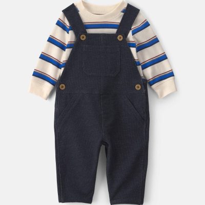Baby Boy 2-Piece Striped French Terry Long-Sleeve Overall Set - Indigo/Cream
