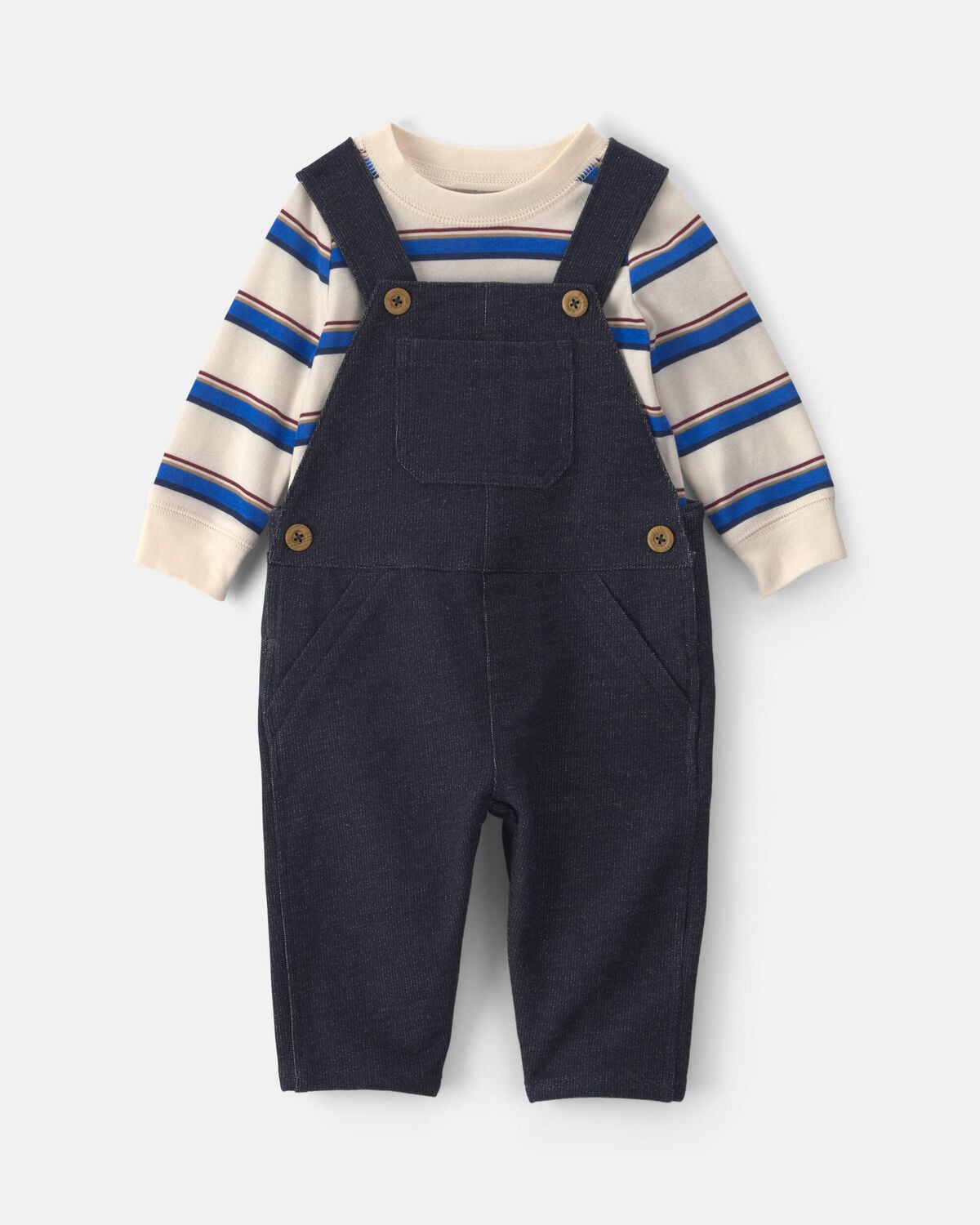 Baby Boy 2-Piece Striped French Terry Long-Sleeve Overall Set - Indigo/Cream