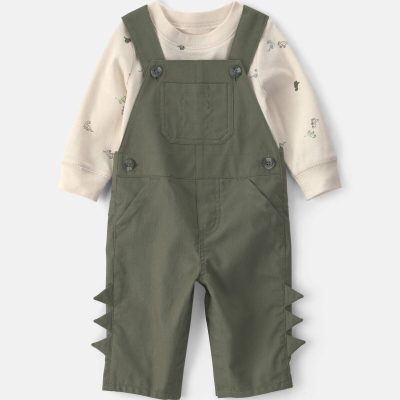 Baby Boy 2-Piece Dinosaur Long-Sleeve Overall Set - Olive Green
